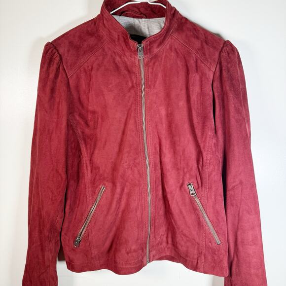 Lucky Brand Suede Leather Jacket Large Burgundy Wine Red Zip Moto Style Women’s - Picture 3 of 14